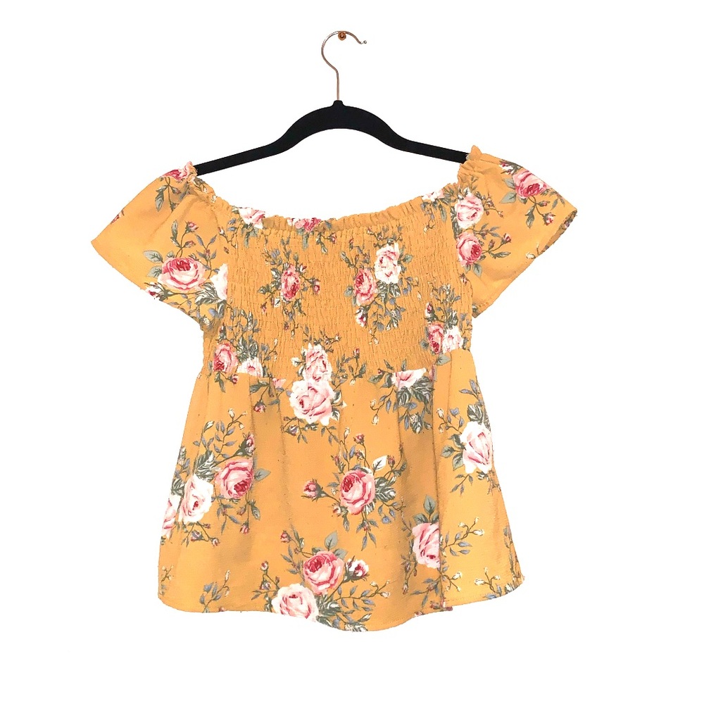Smocked off the shoulder yellow floral top